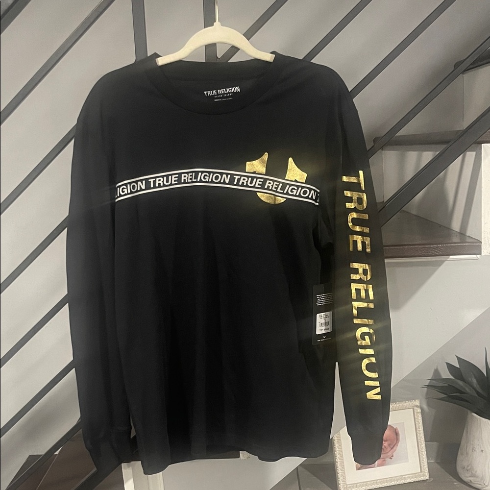 True Religion Black Gold Long Sleeve Foil Taping LS Tee NWT Medium 100% Cotton